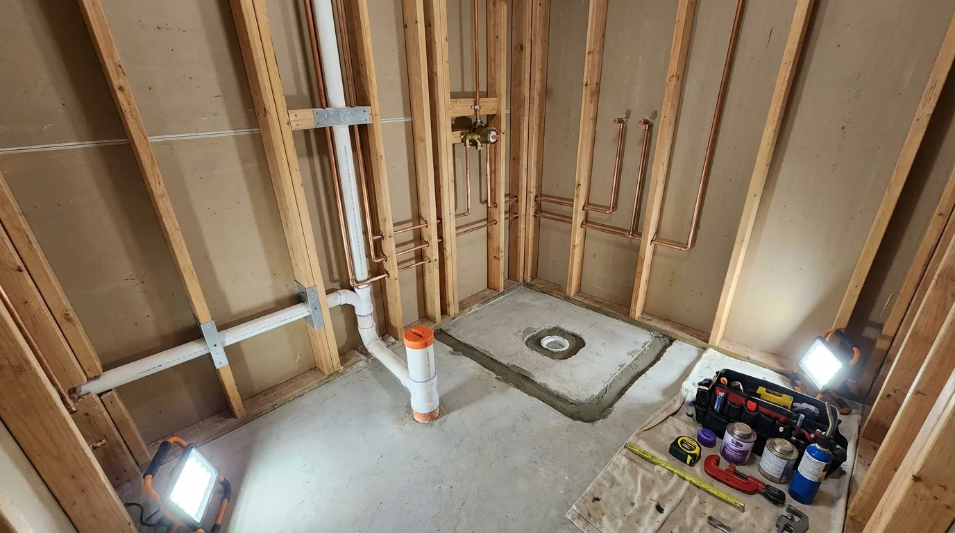Bathroom rough-in plumbing during remodel by Johns Plumbing LLC in Woodway