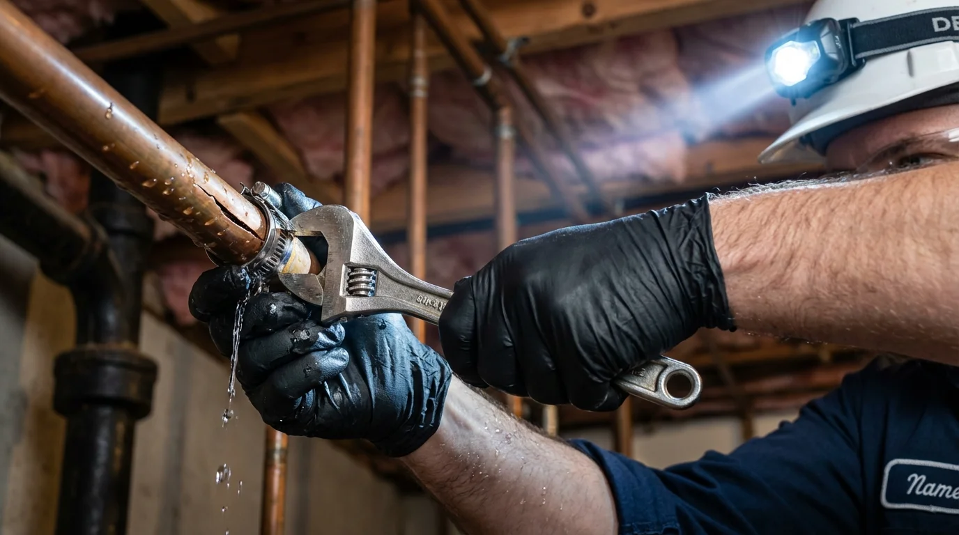 Emergency pipe clamp repair being performed by a Johns Plumbing LLC plumber in Woodway