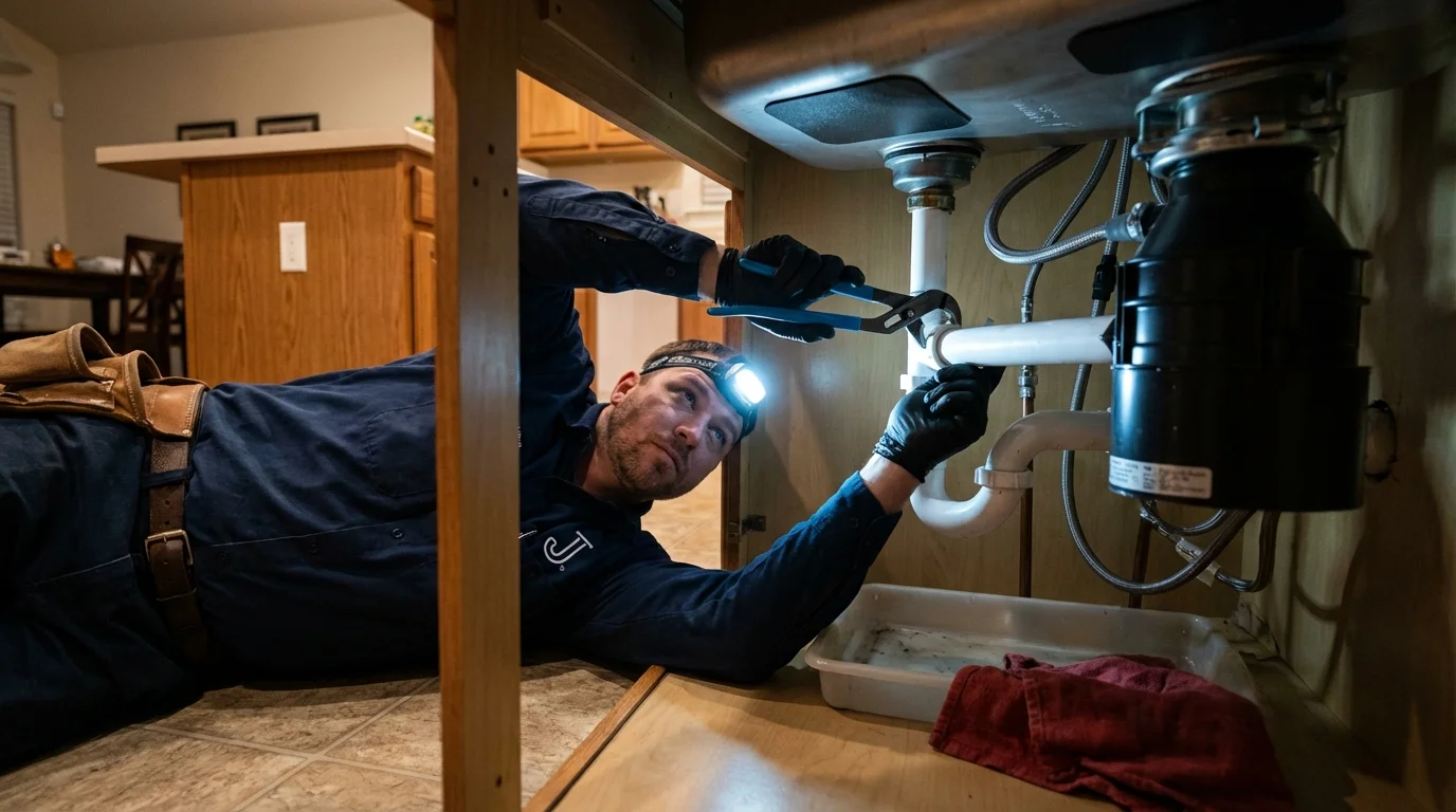 P-trap and supply line connections under a kitchen sink showing a common leak point in Woodway, TX